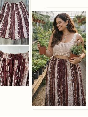 Papillon Boho Maxi Skirt Rayon Drawstring Waist Western Earthy XL